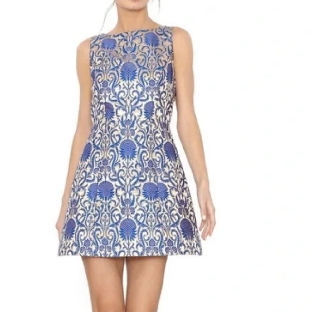 NWOT Alice + Olivia Carrie Structured Jacquard Mini Blue Dress L $485